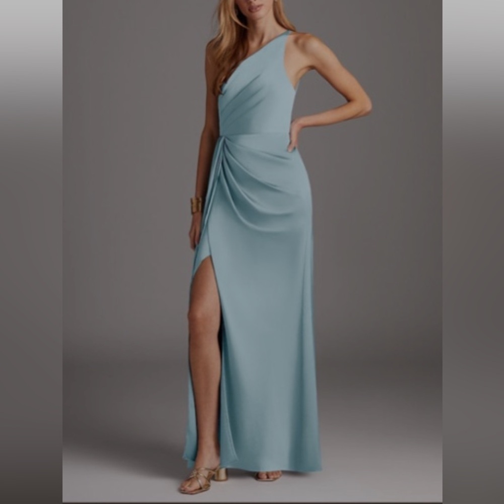 Azazie Mika satin sky blue dress